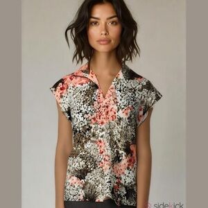 Mardi Modes New York ILGWU Vintage Floral Wide Collar Cap Sleeve Blouse USA